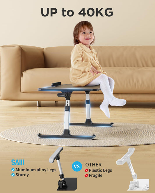 "SAIJI Laptop Table for Bed, Adjustable Height, Angle, Folding Legs, Sled Feet, PVC Leather Tabletop, Compatible with Laptops up to 17 Inches (Black, 52*30cm)"