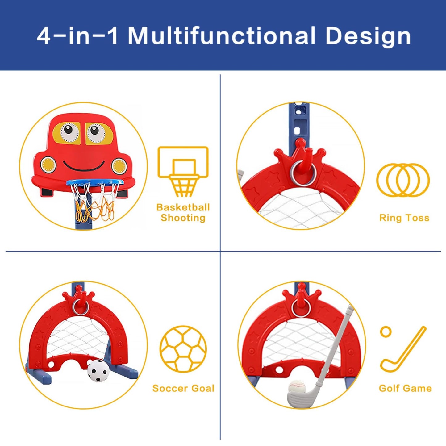 Kids Basketball Hoop Stand, Adjustable Height from 124 to 178 cm. Basketball set with adjustable hoop, soccer goal, and ball games. Interactive learning toy for babies, toddlers (red).