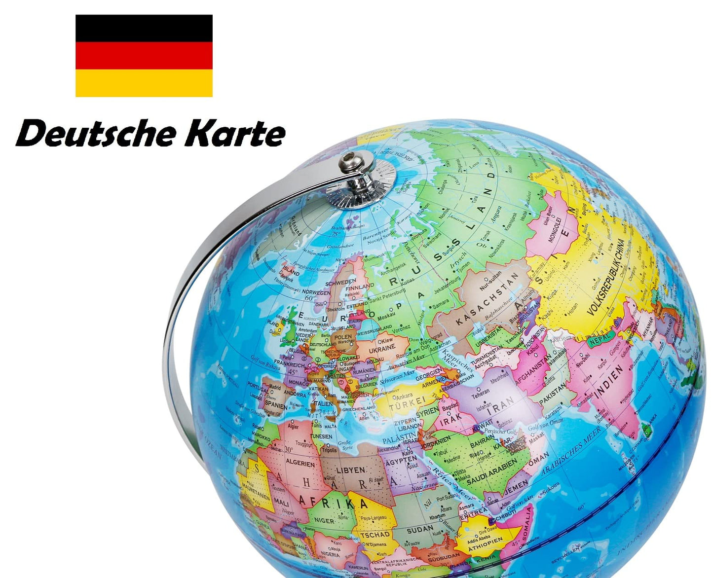 23cm illuminated globe with metal base - German map - student globe with cable-free LED lighting - political map (daytime) - constellation of stars (night)