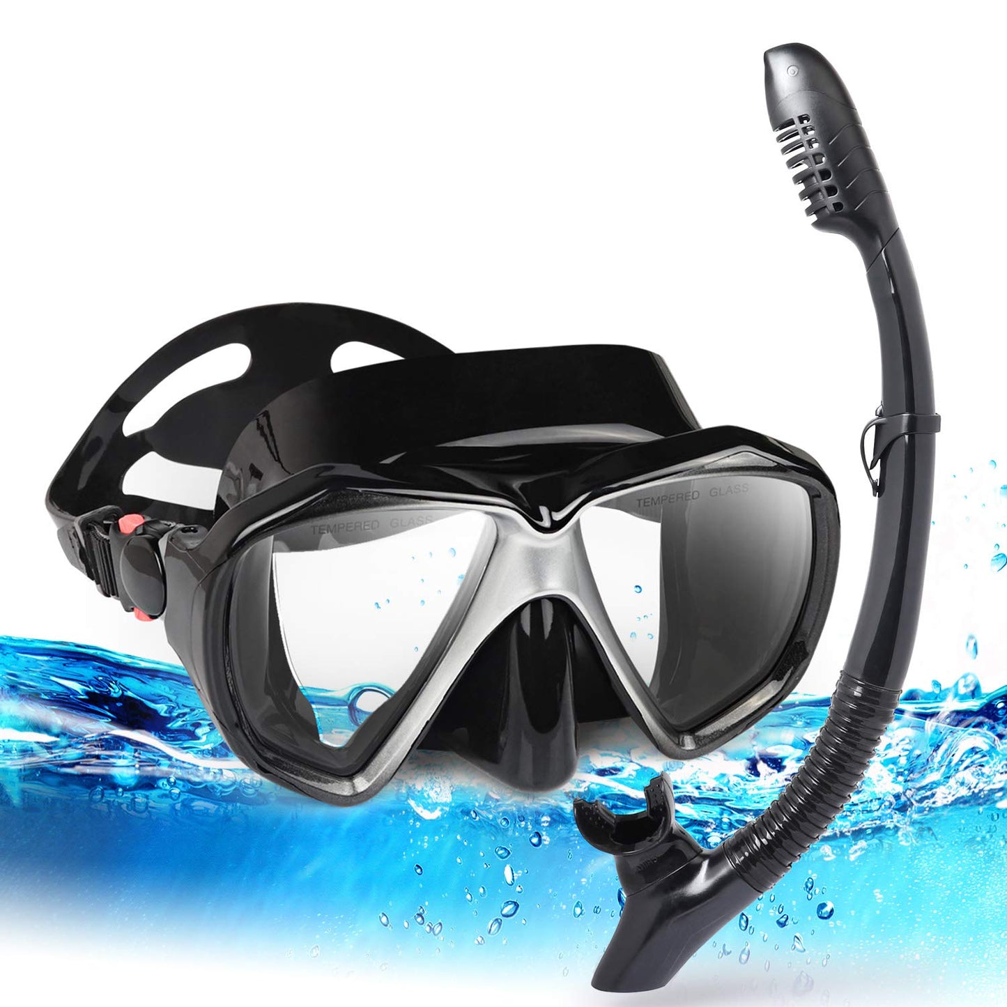 Adult Snorkel Set Snorkeling Gear Anti-Fog Panoramic Dive Mask and Dry Snorkel Anti-Leak Snorkel Mask for Freediving, Snorkeling, Swimming (Black Set)