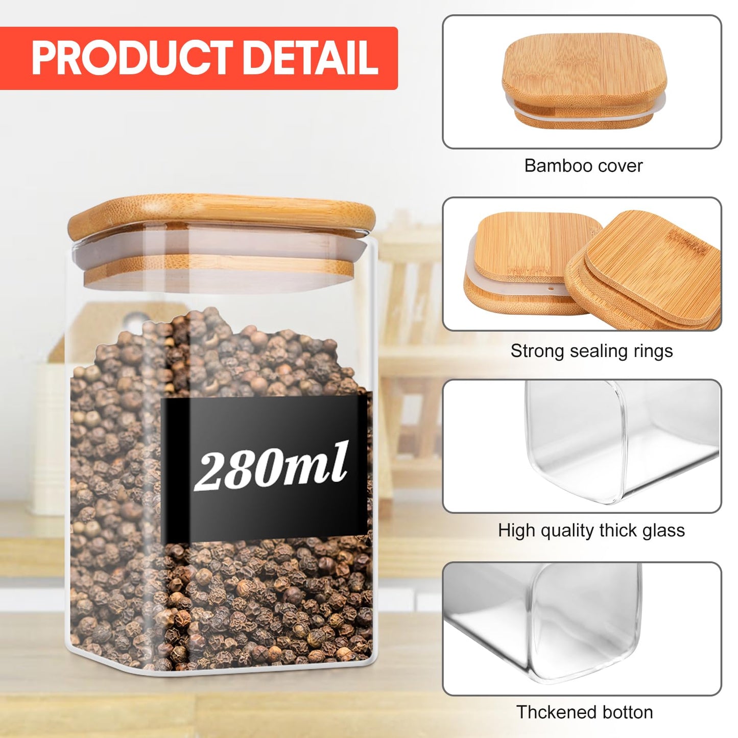 YUTUY Glass Storage Jars 12-Piece Set,Square Glass Jars with Lid,Glass Containers with Wooden Lid for spices, herbs, muesli, beans.