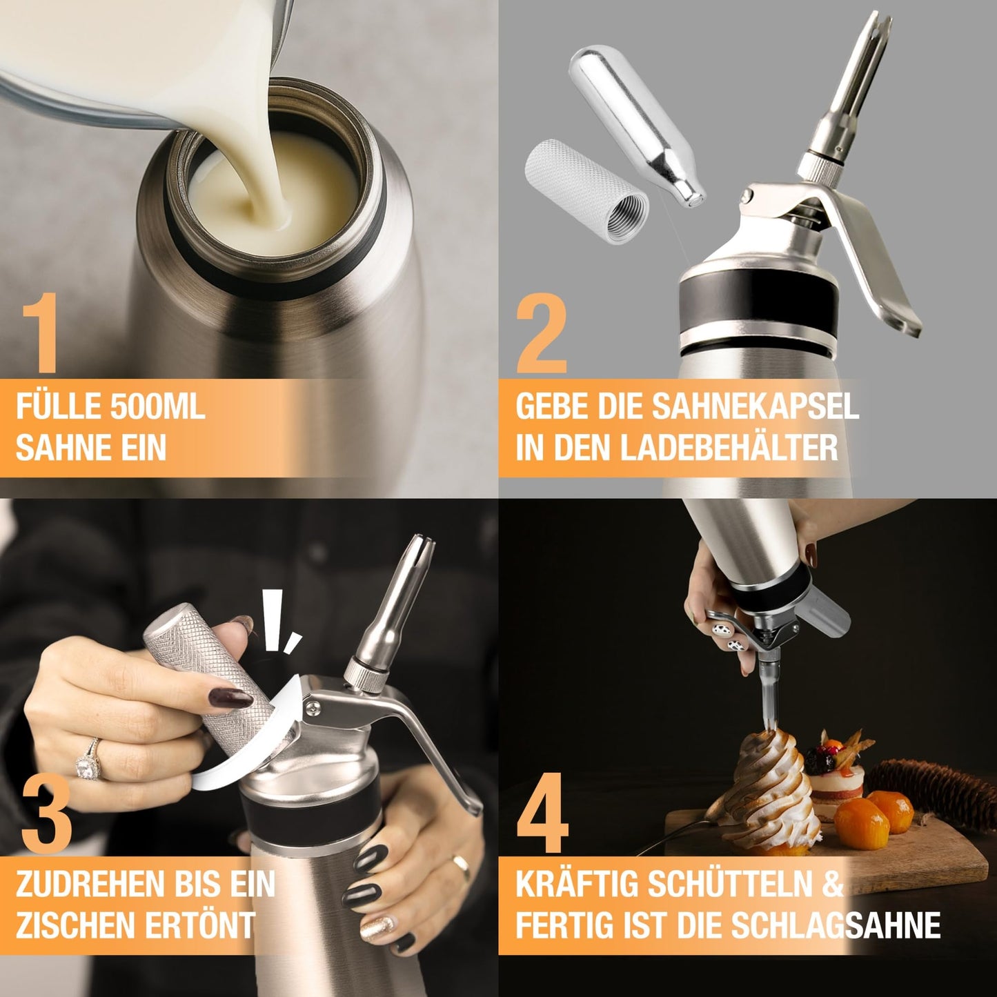 Thiru Cream Whipper incl. Stainless Steel Toolbox 500ml - Rating "excellent" - 100 days trial - Cream siphon with eBook & 5 stainless steel nozzles - Cream siphon for whipped cream, espuma & warm dishes.