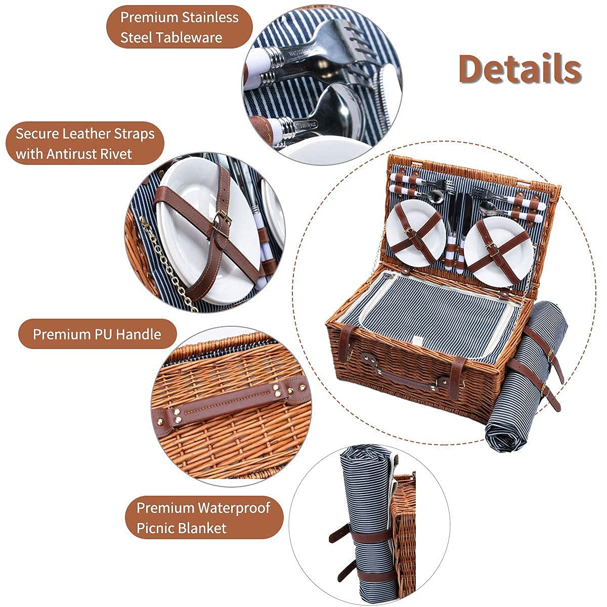 Willow picnic hamper for 4 with insulated cooler and waterproof blanket. Includes utensil set. Large willow picnic set for outdoor camping (Brown).