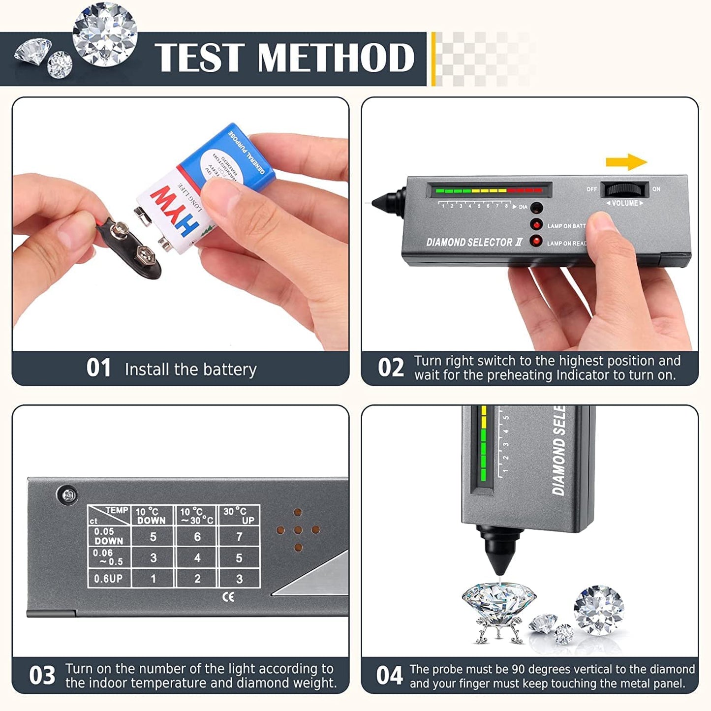 Jewelry tester, gem tester, professional diamond gem selector Portable LED audio diamond tester with Diamond Selector II, Moissanite tester, 2 manuals, 2 trays