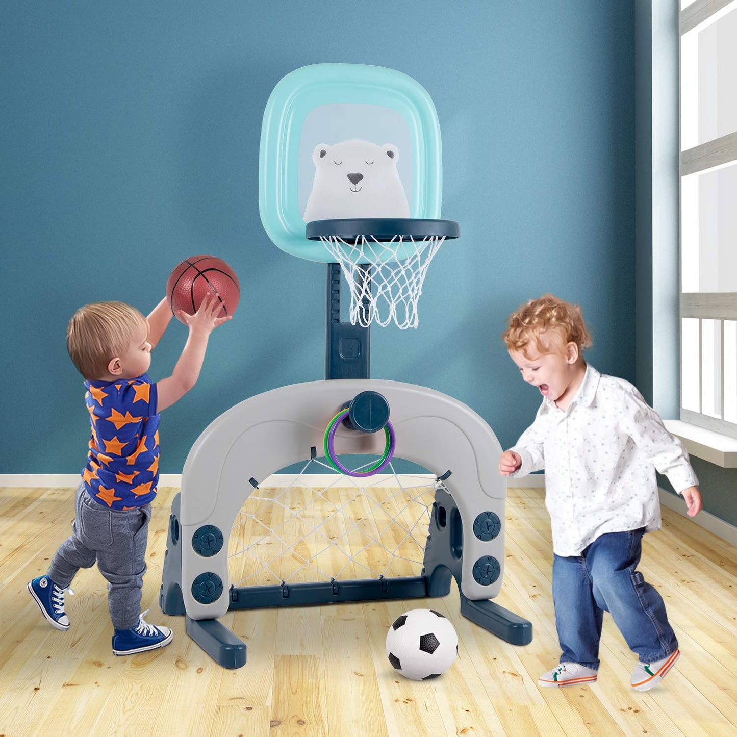 Hadwin Kids Basketball Hoop Set, 3-in-1 adjustable basketball stand & soccer goal & throwing game for toddlers, sports for boys and girls, suitable for indoor use.