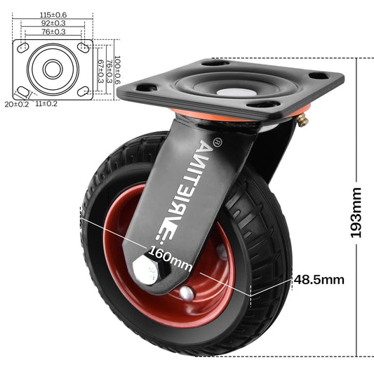 4 heavy-duty casters 150mm swivel casters with brakes, 360° rotating transport casters with heavy-duty top plate solid rubber wheels made of non-slip polychloride load capacity 1000kg (2 swivel casters 2 brake casters).