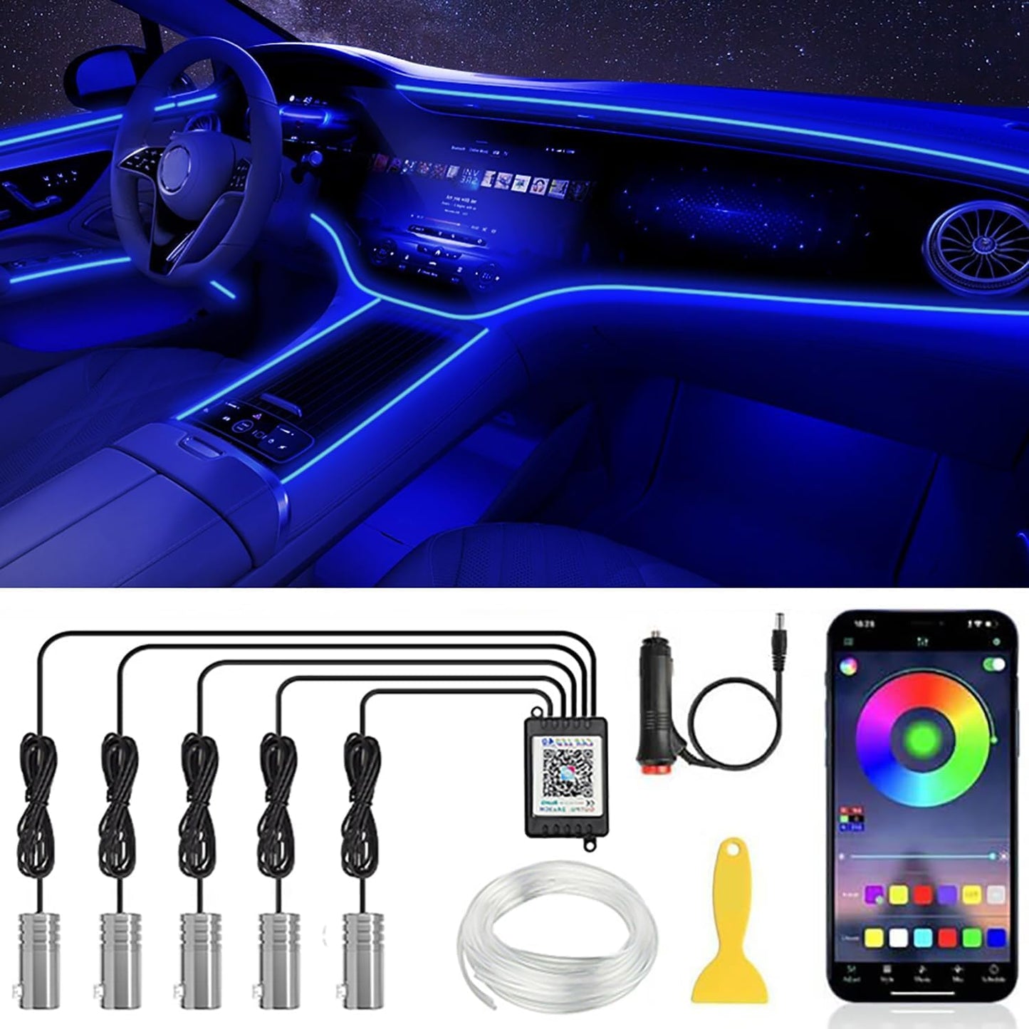 LED interior car lighting, 6M/5 in 1 RGB car interior lighting, 12V LED atmosphere light car, App controllable interior lighting, car LED strips.