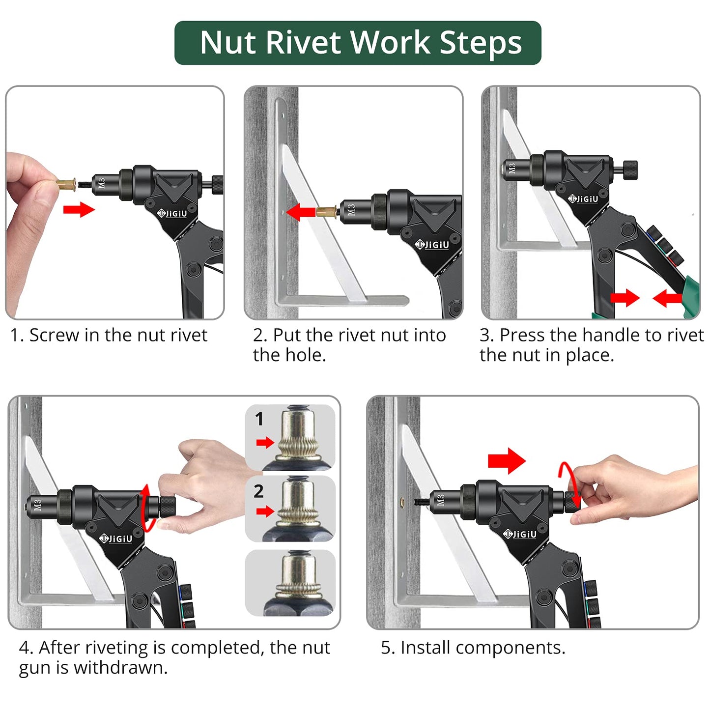 JiGiU Rivet Nut Tool 360° Rotating Head 3 IN 1 Rivet Nut Gun Rivet Tool Kit with 4 Metric Mandrels M3-M6, 4 Nosepieces 2.4-4.8mm, 2 Rivet Drills Riveting Tools Rivet Set All in Box (40 Nuts & 40 Rivets)