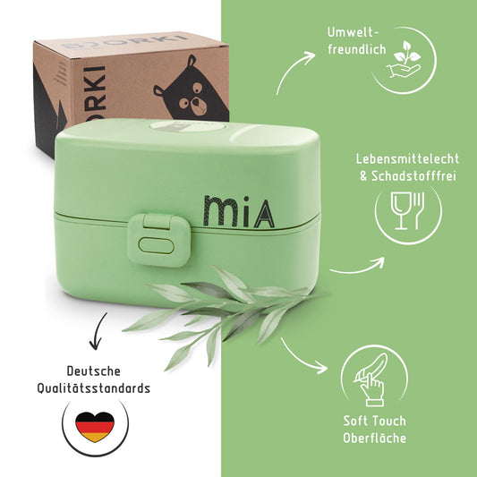 BJORKI® Bento Box for Kids with FREE name sticker - Leak-proof lunchbox with compartments - Sustainable lunchbox for kindergarten & school - The snack box for on the go. (Pastel Green)
