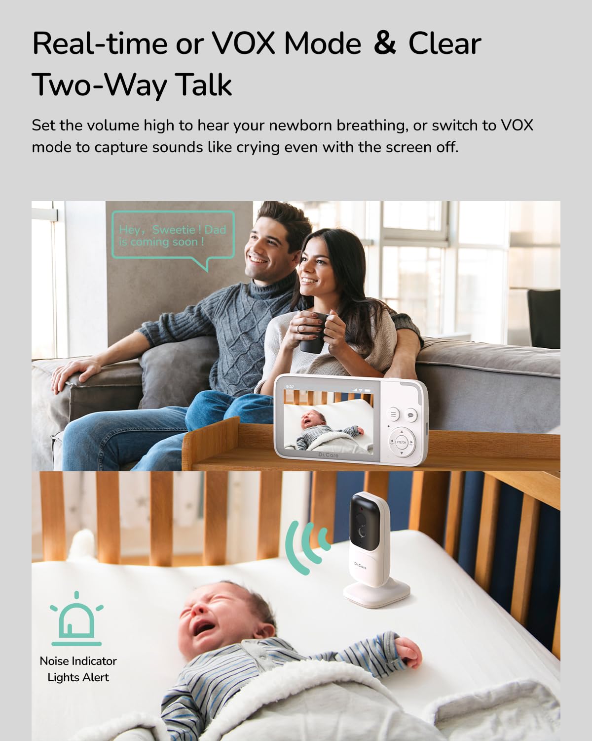 Dr.Care NeoView baby monitor with camera, 3.5" screen, video recording, 2-way audio, loop recording, night vision, VOX, temperature sensor, lullabies, no Wi-Fi, supports up to 128GB.