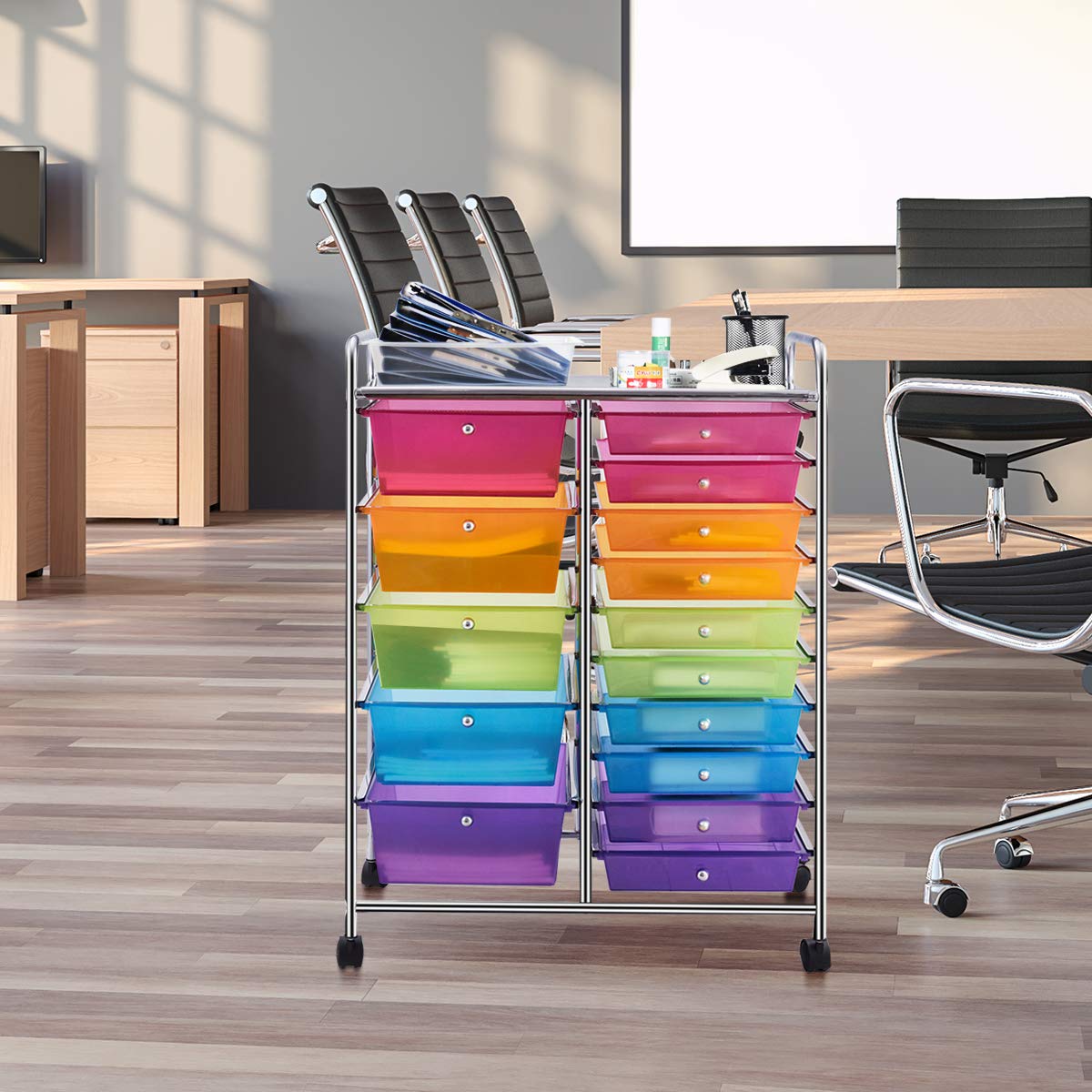 GOPLUS rolling cart with 15 stackable drawers, color options, utility cart household trolley storage cart bathroom cart shelf cart (Colorful)