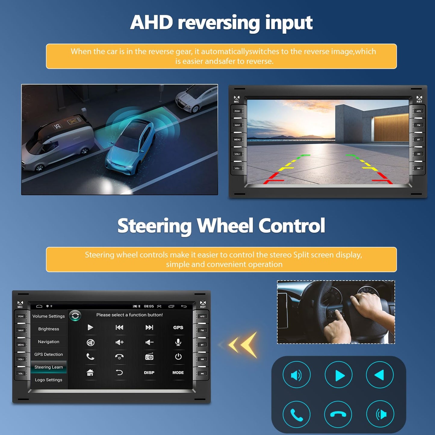 Android 13 double DIN car stereo for VW T5, Golf 4, Bora, Polo MK5, Sharan, Jetta, Peugeot 307 with Mirror Link, 7-inch touchscreen radio with Bluetooth, WiFi, GPS, FM/RDS EQ, SWC, AHD rearview camera, and mic.