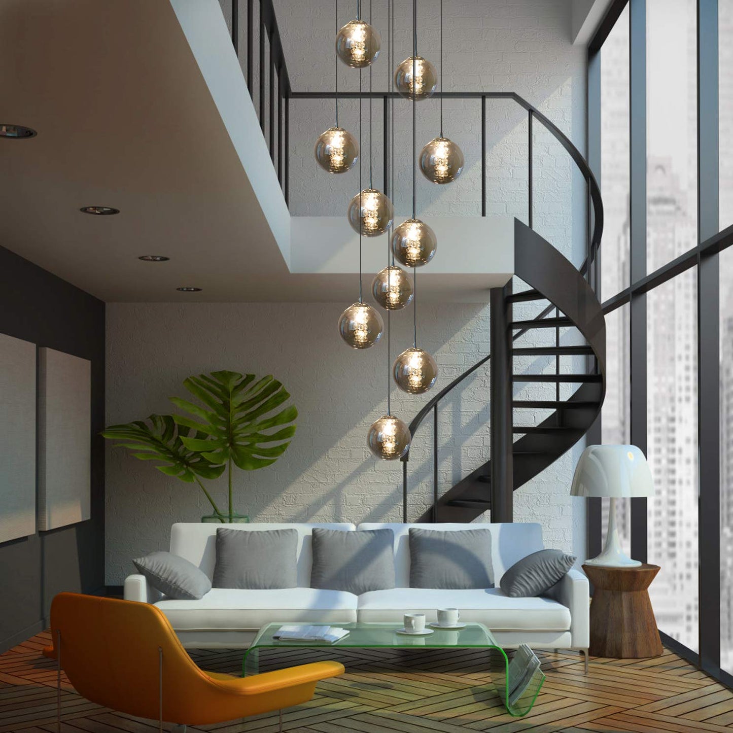 CBJKTX pendant light staircase pendant lamp height adjustable - modern dining table pendant light 10-flame hanging lamp smoke grey made of glass 200CM dining table lamp for living room dining room kitchen hallway staircase