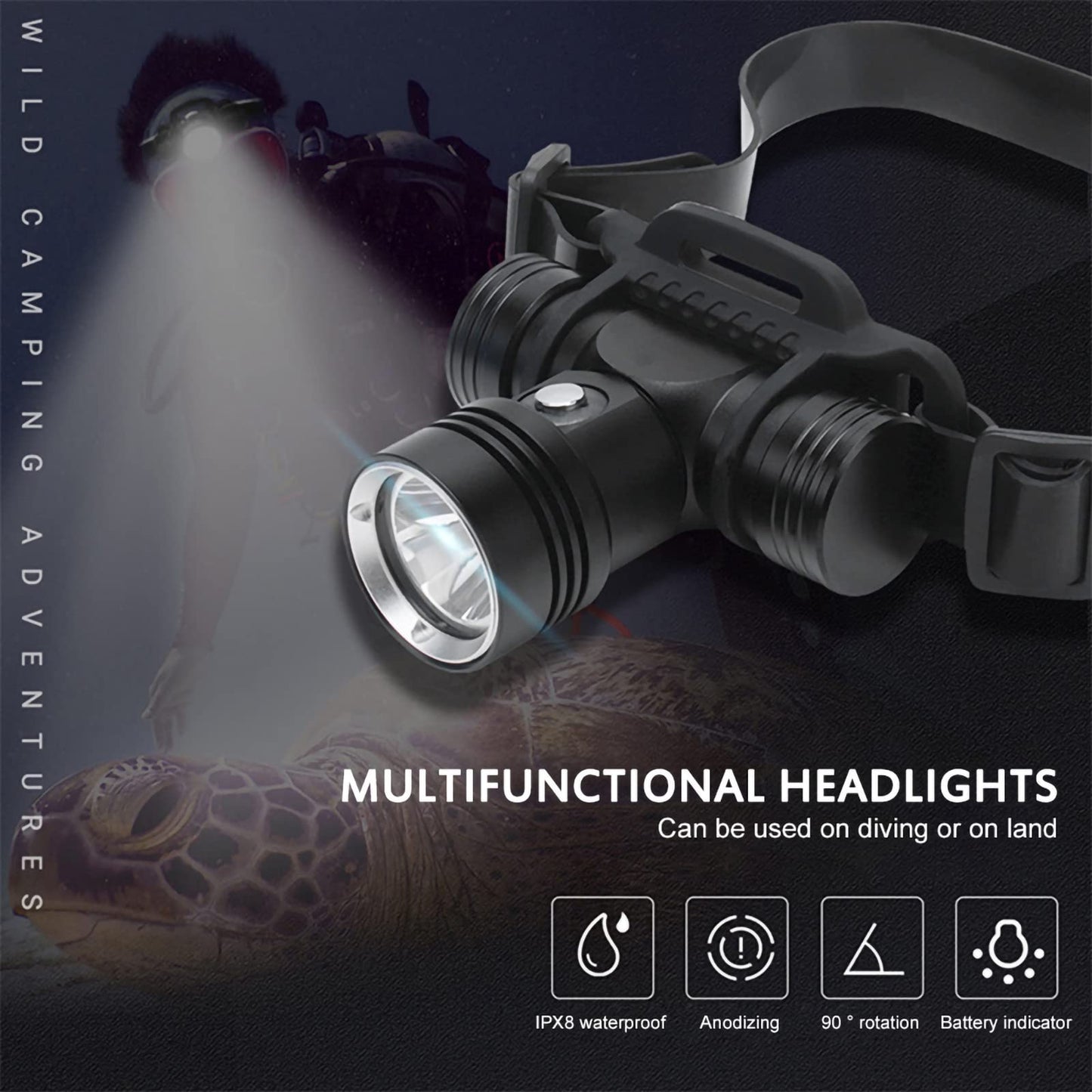 LUXJUMPER diving headlamp USB rechargeable super bright 5000 lumens 3 modes headlight underwater 60M IPX8 waterproof dive lights swim spotlight with 2 * 18650 batteries & charger