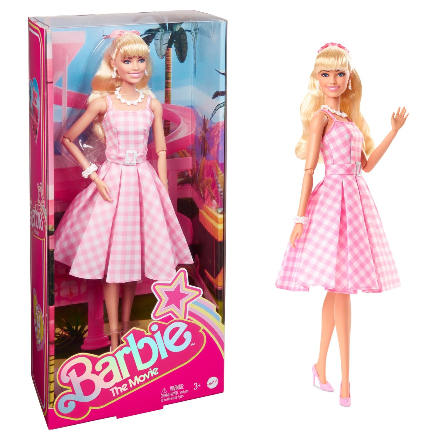 Barbie doll, The Movie doll, in pink and white dress with daisy necklace, Margot Robbie, collector's item, toy for ages 3 and up, HPJ96