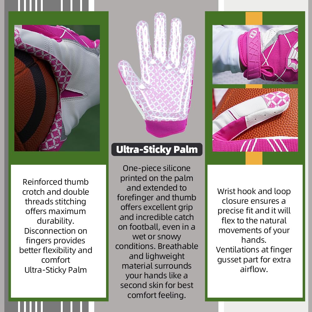 Seibertron Pro 3.0 Elite Ultra-Stick Sports Receiver Gloves American Football Gloves Youth and Adult Pink XS
