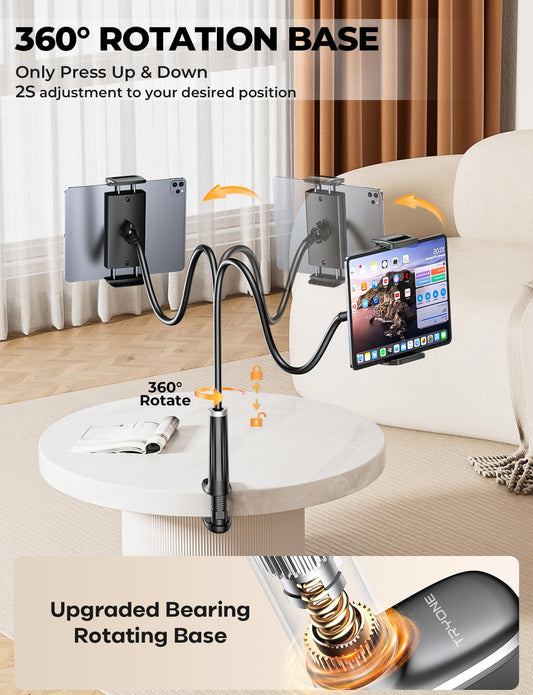 Tryone Gooseneck Tablet Holder for Bed: Tablet Stand with 360° Rotating Base and 2 Clips Phone Mount for Desk, Compatible with iPad Pro 12.9 Air Mini, Phone, or Other Devices from 4.7-12.9 Inches.