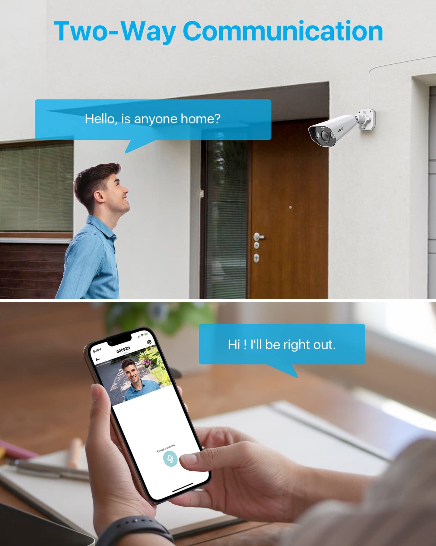 ZOSI 5MP Surveillance Camera Outdoor Set, 16CH 4TB HDD NVR and 8X 5MP PoE IP Outdoor Camera for 24/7 recording, 2-way audio, AI detection, spotlight, and sound alarm.