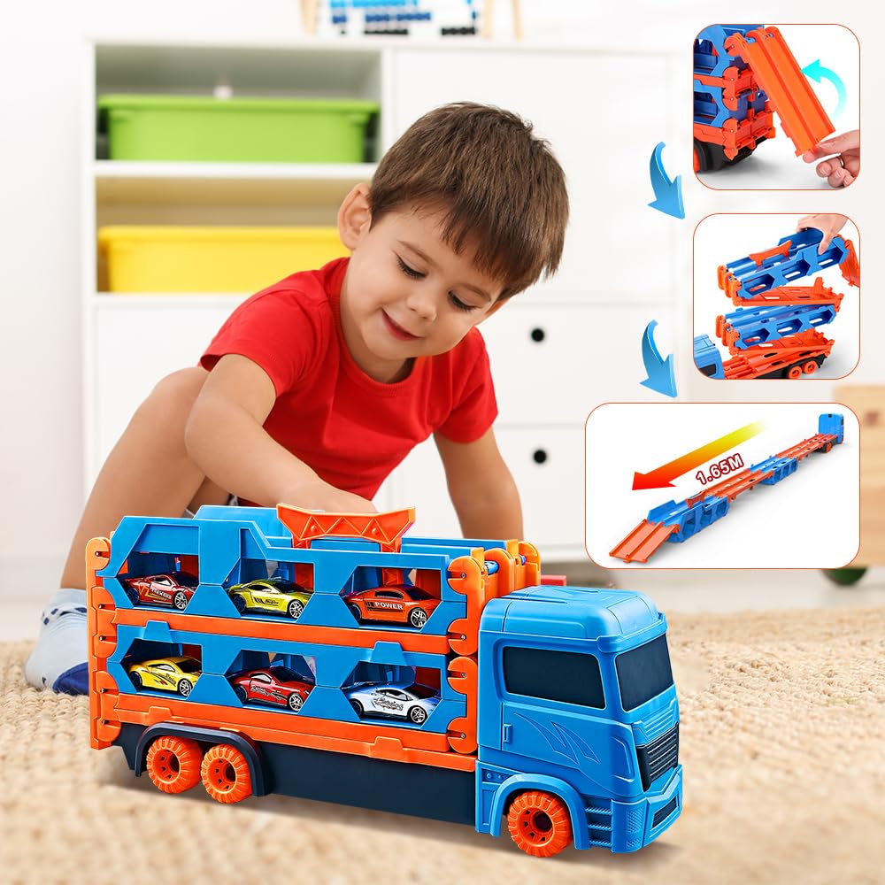 VATOS Transport Truck toy cars for boys aged 3, 4, 5, 6 years old, portable race track truck toy car with 6 race cars, transporter vehicle toy set for kids.