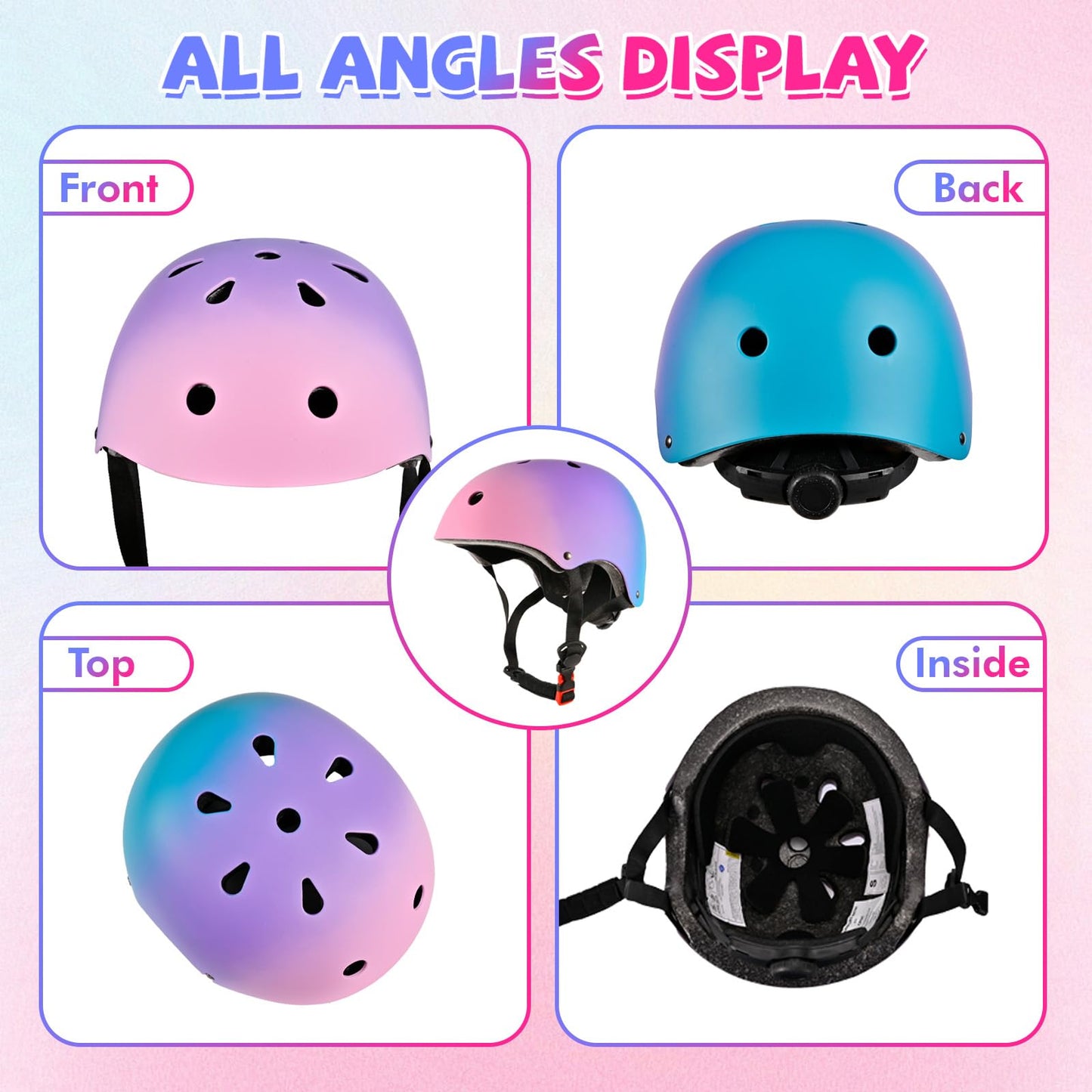 LOKJIJI Adjustable Kids Bike Helmet Skater Helmet for Girls Boys Children Youth, Color Gradient Kids Protective Helmets for Multi-Sports Bicycle Skateboarding Skating, Purple, S