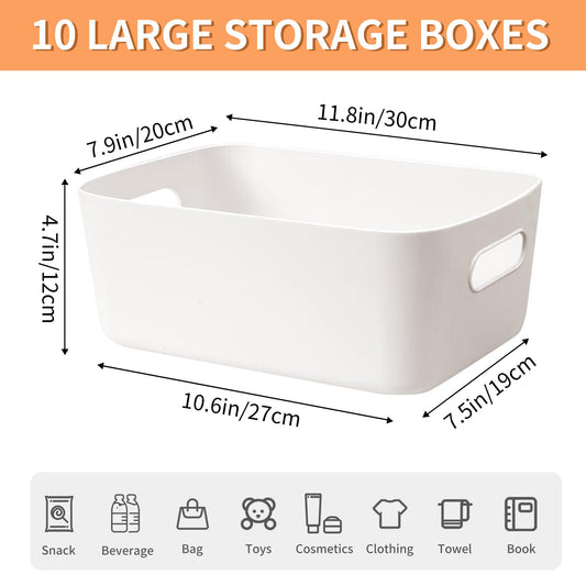 LYLIDIA 10 Piece Storage Box Plastic 30 cm Storage Basket Large White Basket Storage Plastic Box Baskets Plastic Box for Bathroom Kitchen Cabinet Shelf Organizer Boxes