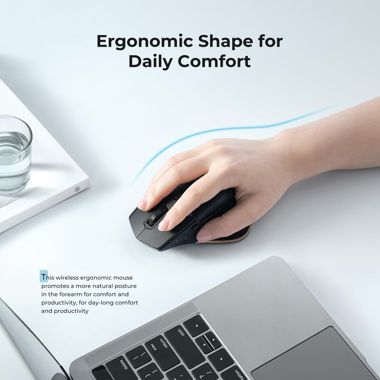 iClever Bluetooth Mouse, Rechargeable Ergonomic Wireless Mouse, Rechargeable Battery, Multi-Device, 800/1200/1600/2000/2400 DPI, 7 Buttons for PC/Laptop/Tablet/MacBook, Black