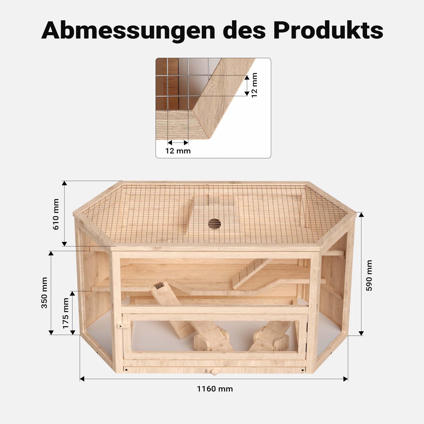 Wiltec XXL 3 level rodent cage, hexagonal, 1150 x 600 x 580 mm, made of wood, with foldable lid & viewing window, small animal house mouse cage hamster cage