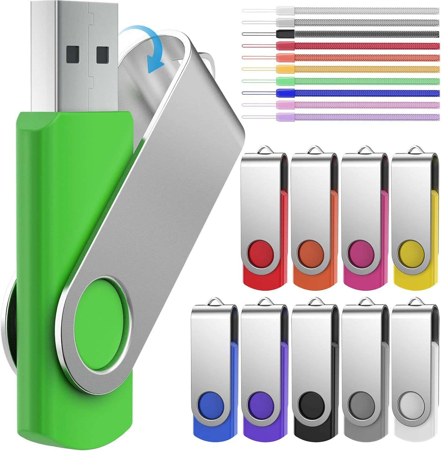 FEBNISCTE 16GB USB Sticks - Colorful USB Stick Rotate Metal 10 Pack, Foldable Memory Stick 16 Gigabyte 10 Pack, Portable Flash Drive for Movies/Car/Computer, Pendrive Flash Drive with Lanyard