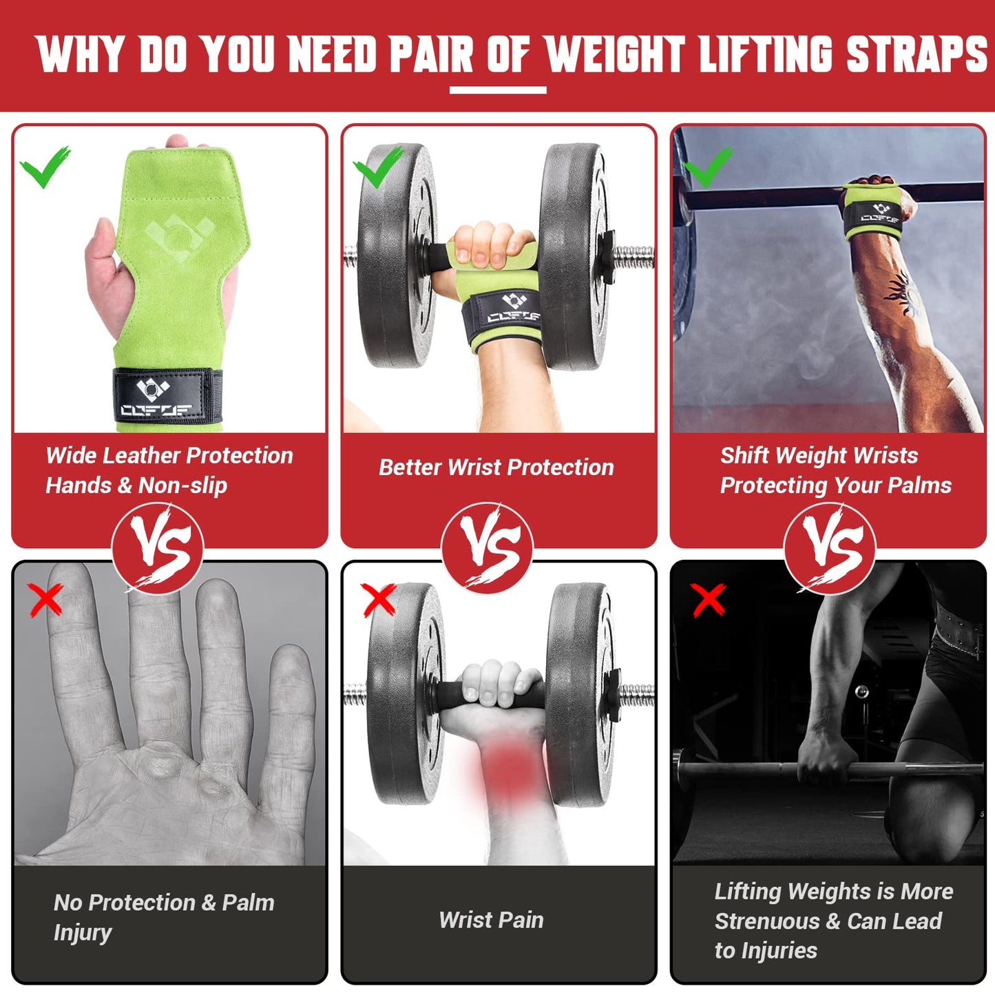 Weightlifting wrist strap, double-layered, leather, suitable for weightlifting, wrist strap for deadlifting and powerlifting, adjustable, with neoprene padding, for gym, workout, lifting (Green)