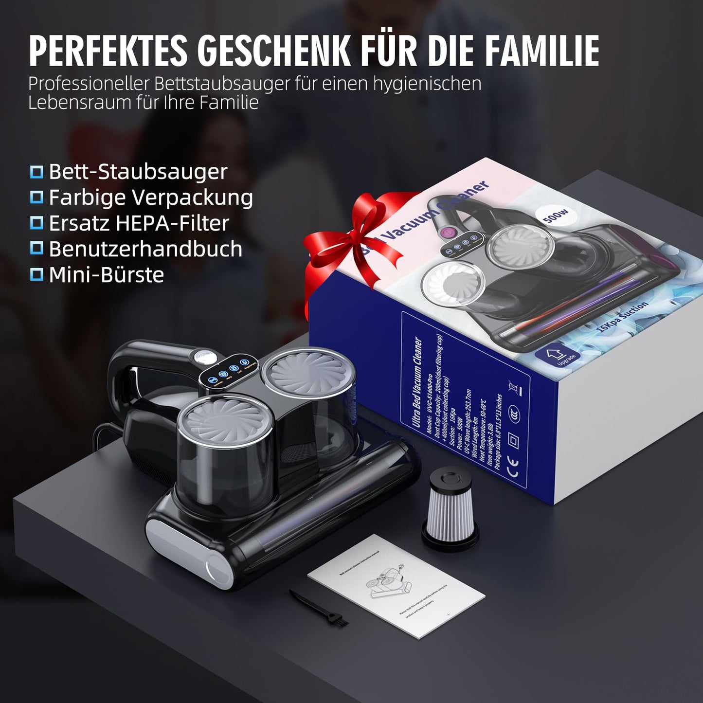 JPHYLL dust mite vacuum cleaner for mattresses with 253.7nm UV light, 16Kpa suction power, brush roller knocking, HEPA filter, ultrasonic technology, hot air, wide suction opening, black.