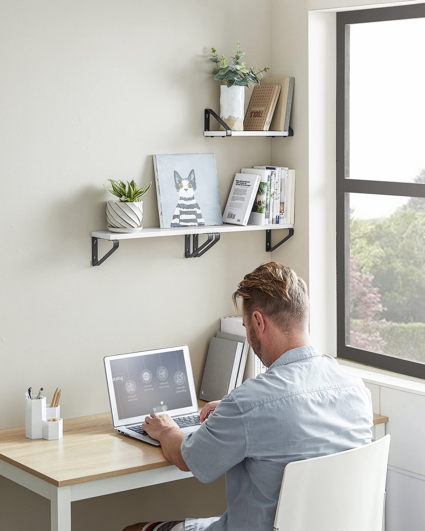 VASAGLE Wall Shelf, Floating Shelf, Set of 3, Shelf Board, 2 Mounting Options, 30/35/40 cm, for Living Room, Kitchen, Home Office, Bathroom, White-Matte Black LWS033B14