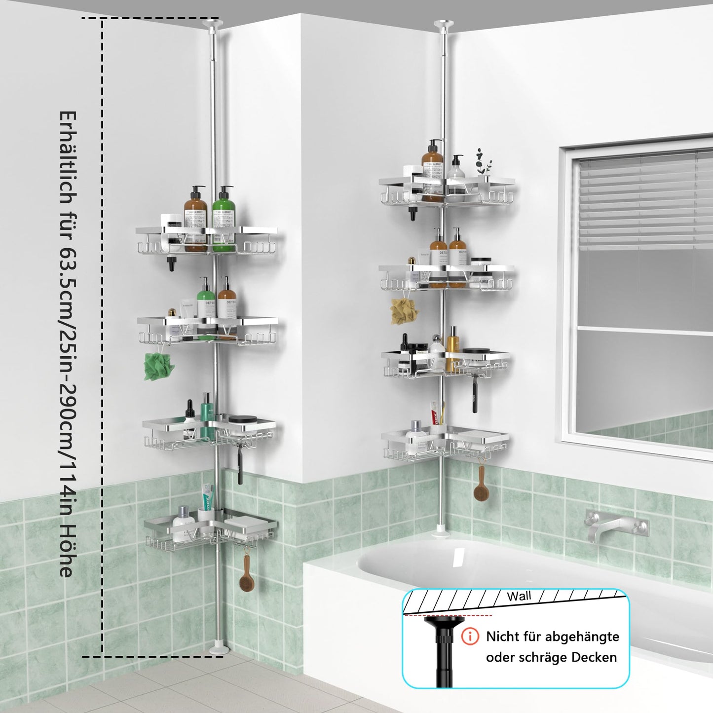 Kegii shower caddy, telescopic shower shelf without drilling, corner shelf bathroom organizer stainless steel, height adjustable for shower corners silver