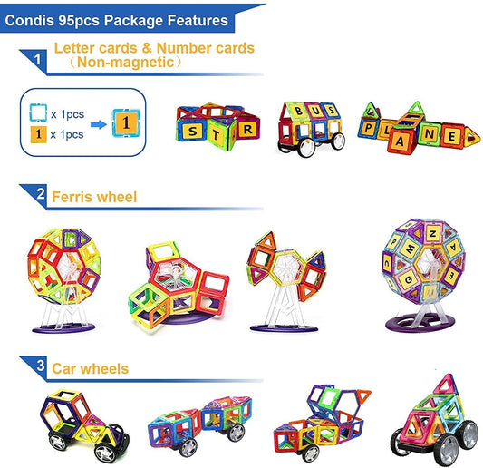 CONdis Magnetic Building Blocks 95 Pieces, Magnet Game STEM Magnetic Blocks, Creative Educational Toy for Montessori Toy Preschool Learning for Boys and Girls from 3 years old
