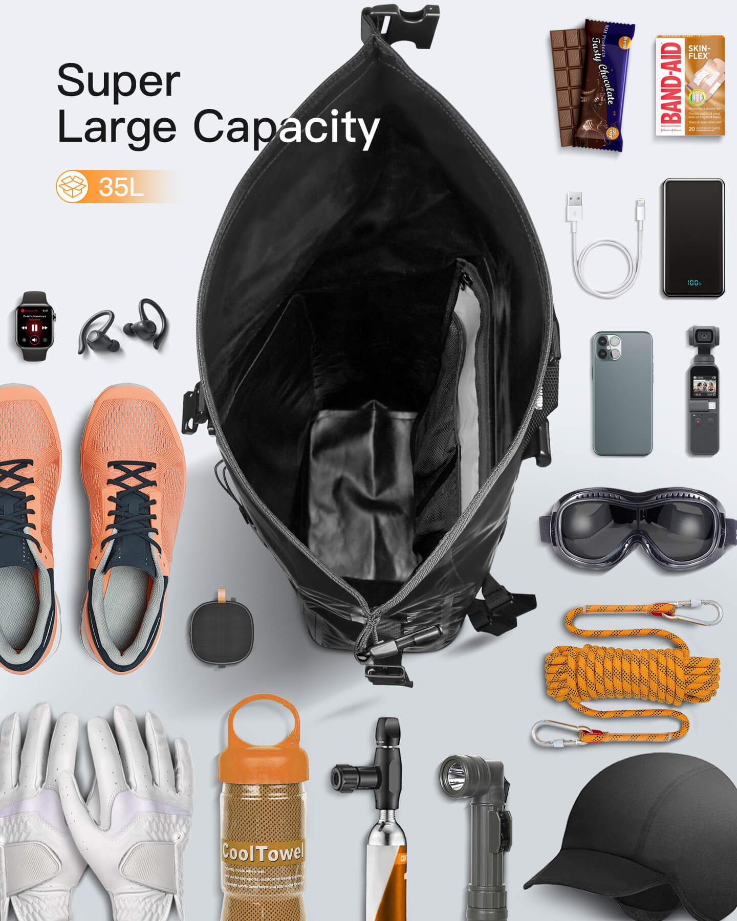 Inateck RollTop Backpack Men 30-35L Waterproof Multifunctional Organizer with Removable Shoulder Strap Drain Valve Waterproof Zipper for Cycling Outdoor Hiking