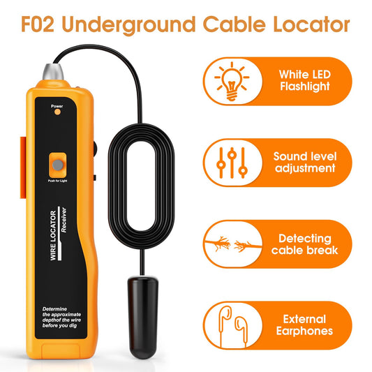 KOLSOL F02 underground cable locator, wire tracer with headphones for locating wires and cables, pet fence cable tester, up to 2-3 meters depth and 1000 meters in length.