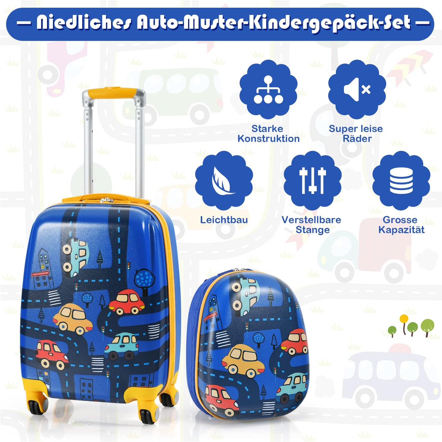 GOPLUS kids suitcase with backpack, kids trolley, children's luggage with wheels, travel suitcase with telescopic handle, hard shell suitcase for kids, children's trolley choice of colors (cartoon car, 12"+18")