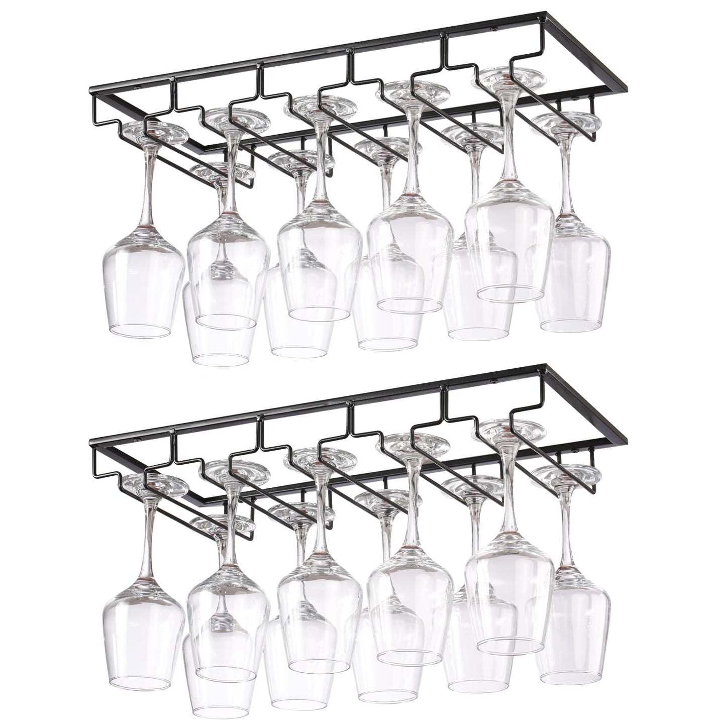 YunNasi 2 Pieces 5 Row Wine Glass Holder Metal Glass Rack Holder Under Cabinet with Screws Hanging Wine Glass Rack for Home Bar Kitchen Bar Pub Restaurant, Black