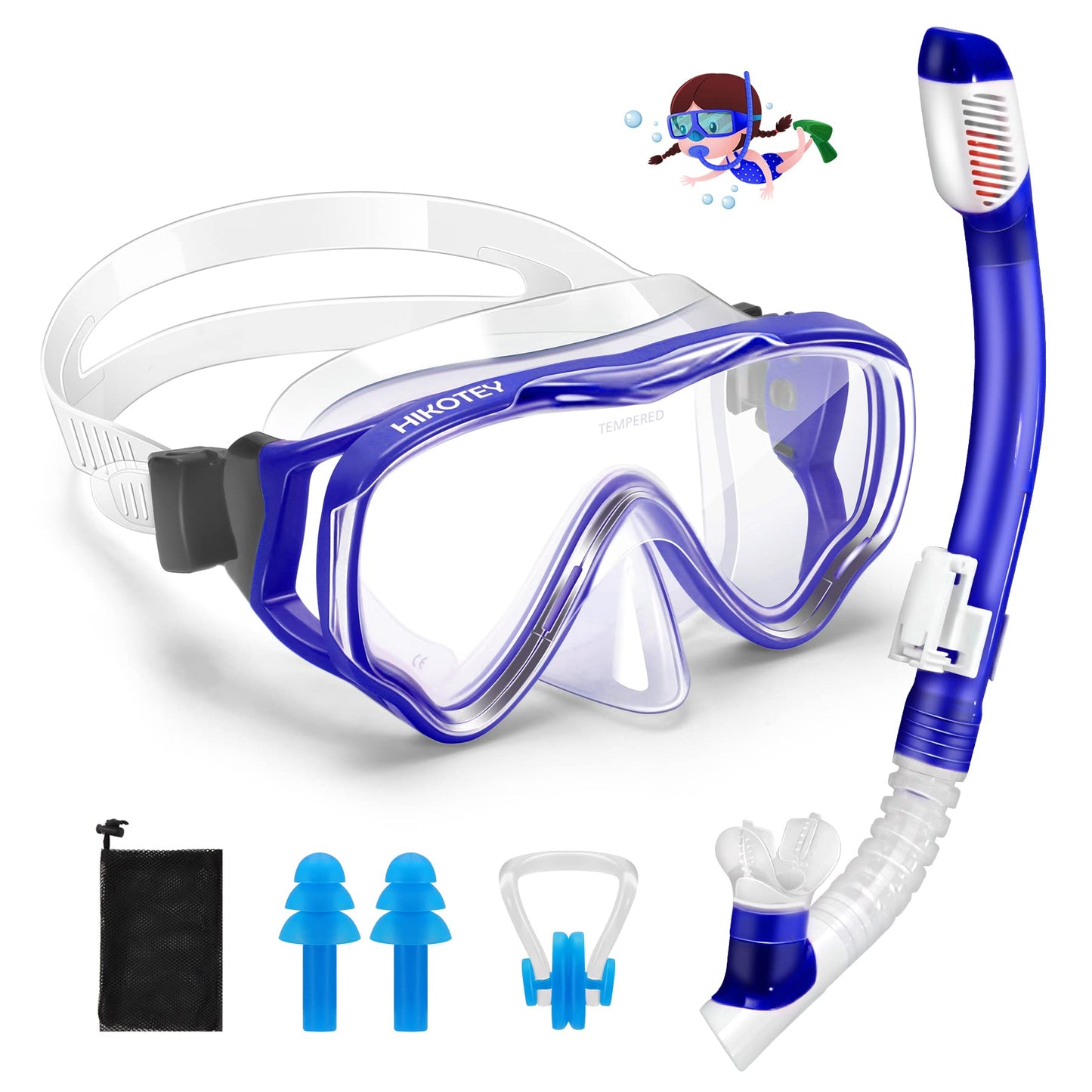 Kids Snorkel Set, HIKOTEY Snorkel Mask with 2-Channel Premium Dry Snorkel, 180° Panoramic Hardened Glass Anti-Leak Snorkel Masks for Boys Girls (4-12 years) - Pacific Blue