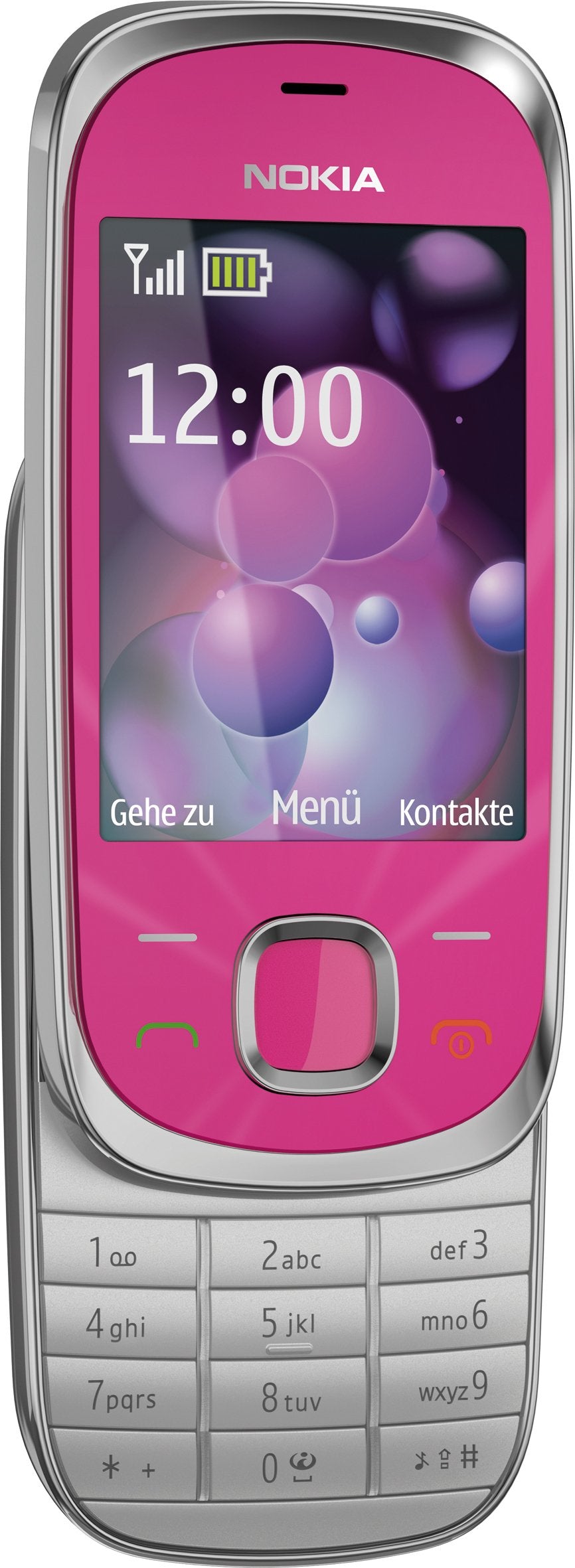 Nokia 7230 mobile phone (3.2 MP, music player, Bluetooth, flight mode, 2GB memory card, slider) in hot pink.