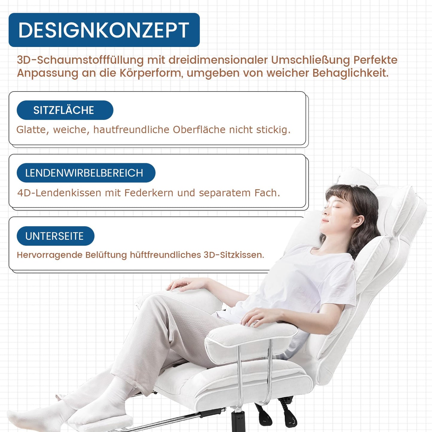 GTPLAYER Gaming Chair, Ergonomic Office Chair with Footrest, Fabric Surface, Spring Seat Cushion, Upholstered Gaming Chair, Gaming Armchair with 150kg Capacity, White.