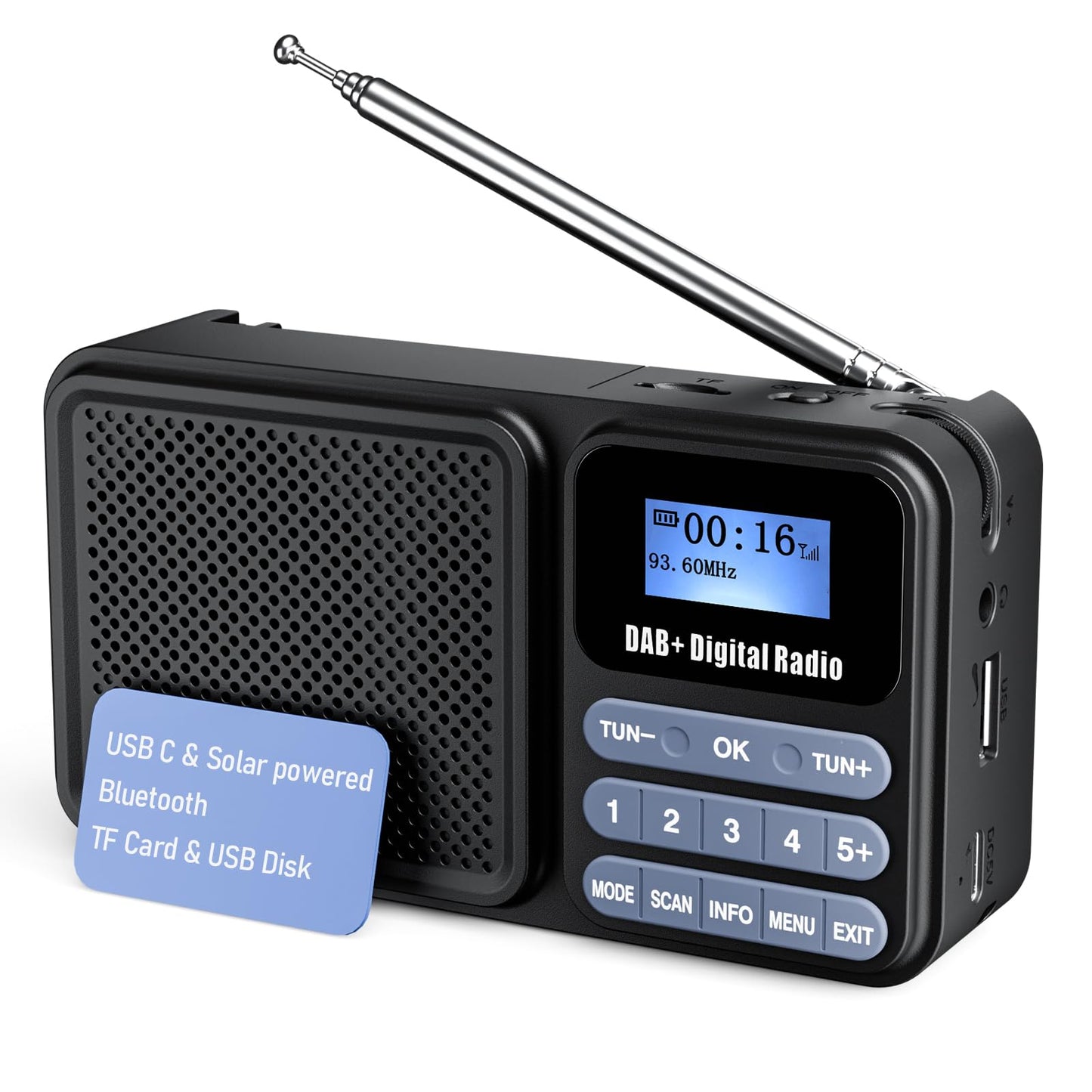 Gallypek portable DAB radio, DAB plus radio FM radio with Bluetooth 5.0 & 80 presets kitchen radio with cable or 2000mAh battery, supports solar & USB charging USB flash drive/TF/AUX connection.