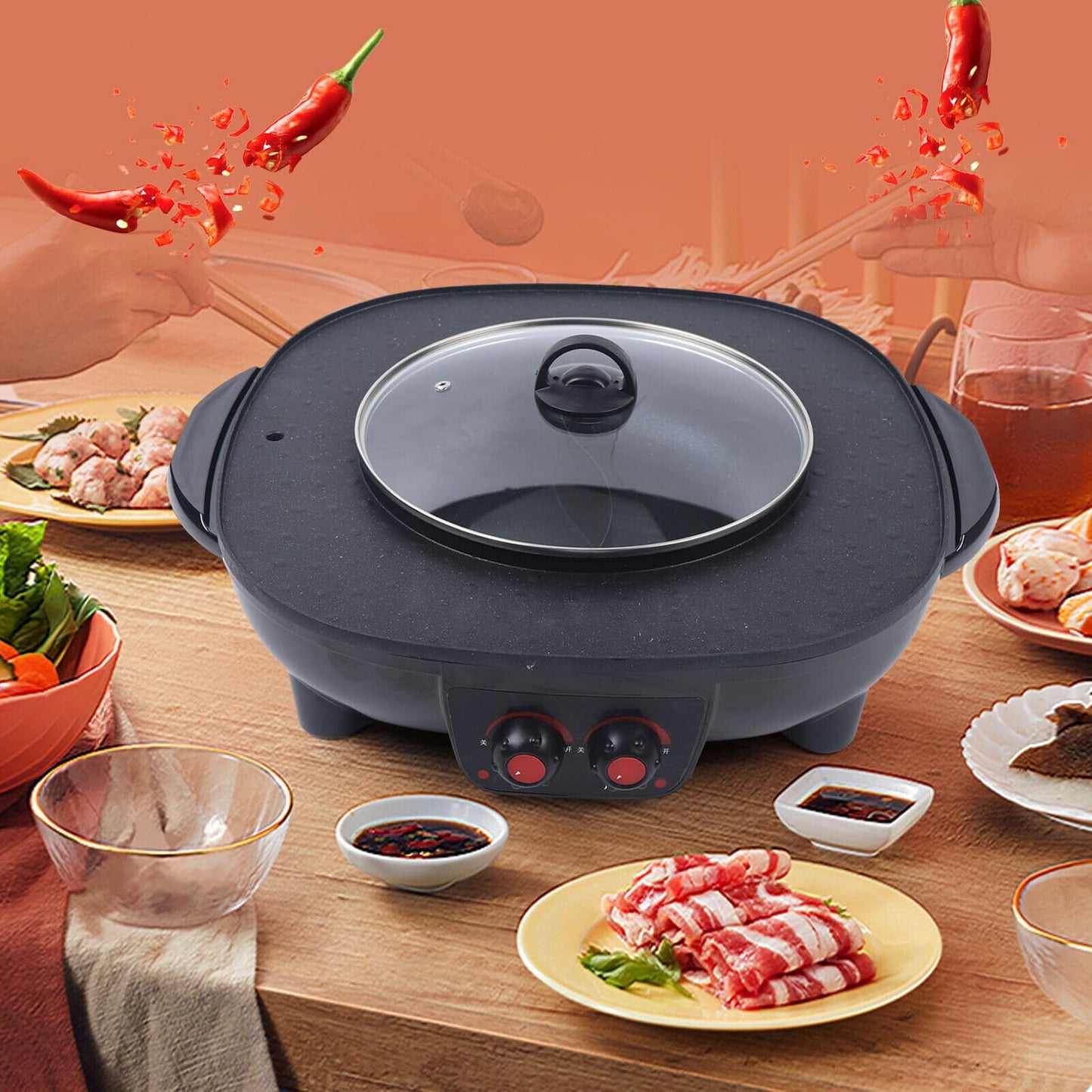 2 In 1 Hotpot and Grill, Electric Hotpot Pot Electric Grill Non-Stick Smokeless Grill Oven, Indoor Korean BBQ Grill Barbecue Fondue Raclette, for 5-6 people