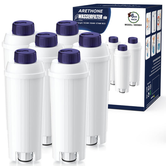 ARETHONE water filter, replacement for De'Longhi coffee machines DLSC002 filter, compatible with De'Longhi Magnifica S, Dinamica, Eletta Explorer, ETAM, EPAM series (6 pieces)