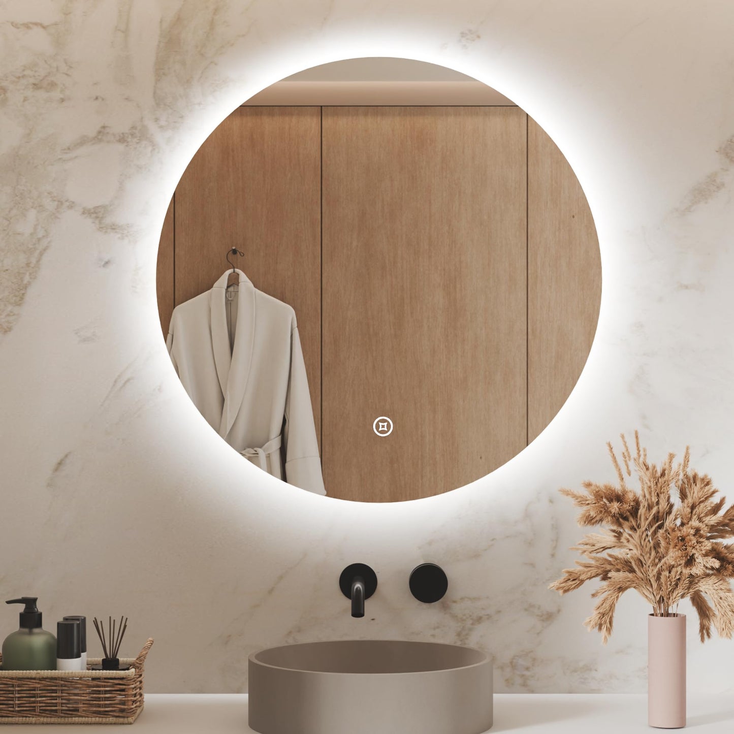 S'AFIELINA Bathroom Mirror with Lighting Round 60cm Diameter LED Bathroom Mirror with Touch Switch Dimmable Round Bathroom Mirror Cool White 6500K IP44 Energy Saving
