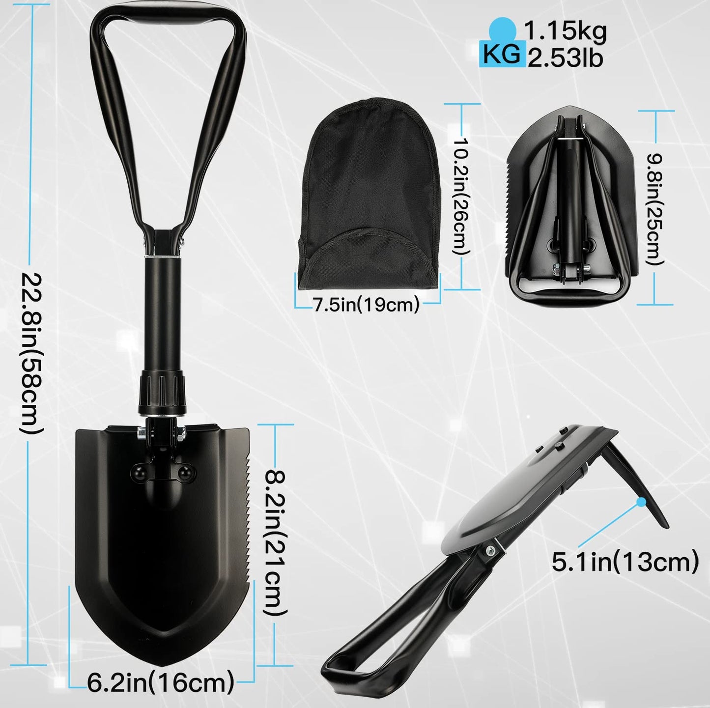 Folding spade 58cm, Foldable snow shovel, 50# Folding spade Camping High-strength Extra-sturdy shovel Made of Carbon Steel With Carrying Bag, FOR Outdoor Hiking Hunting Car Emergency Gifts for Men