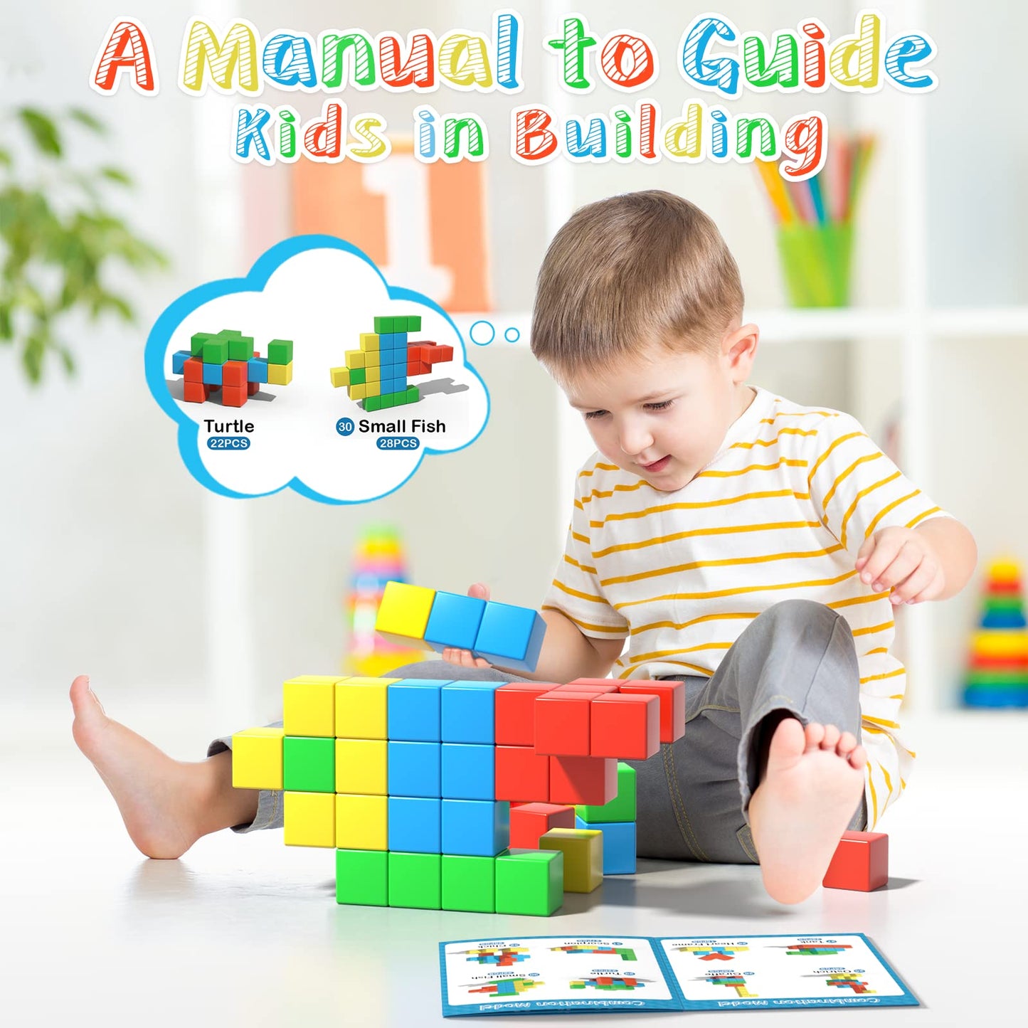 Asago Magnetic Building Blocks 28 Pieces, Large Magnet Stones 34mm 3D Magnets Puzzle for Brain Training in Children