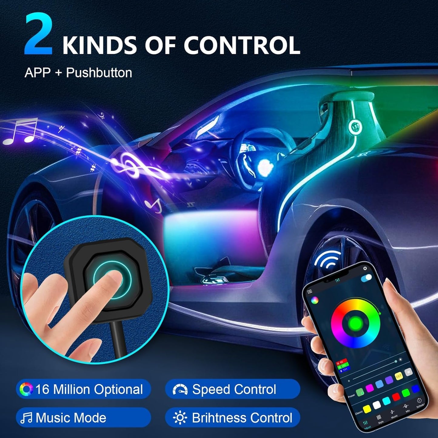 LED interior car lighting, 18 in 1 car interior lighting, LED car fiber optic strips, LED car ambient lighting, APP neon lighting for cars, RGB interior car lighting with music sync rhythm.