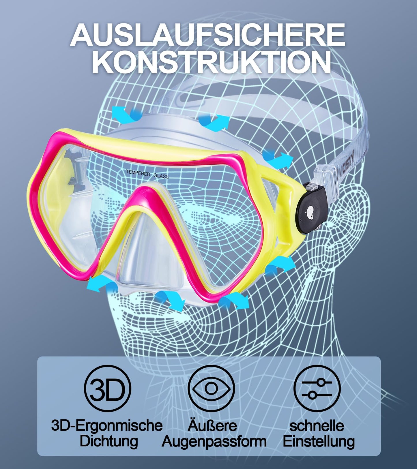 Adult snorkeling set includes adult snorkel mask with 180° panoramic view, anti-fog tempered glass, and adjustable silicone strap for snorkeling and swimming.