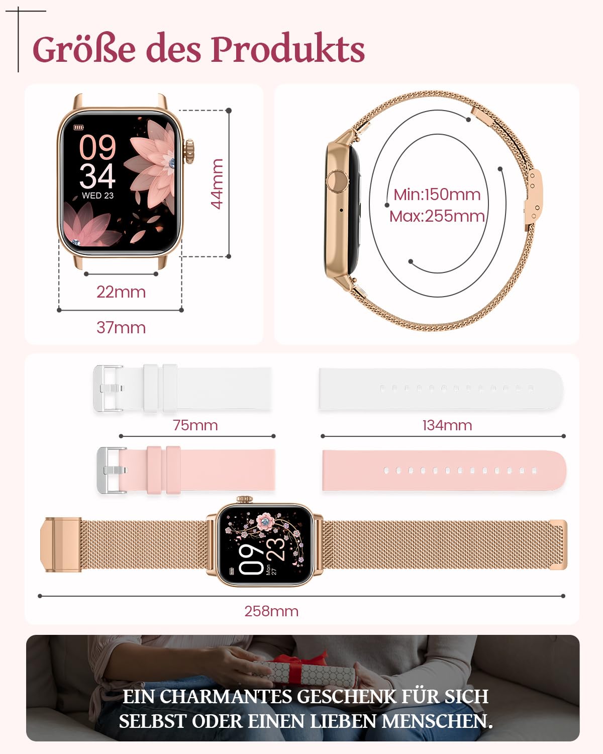SWGOTA Women's Smartwatch with phone function, 1.83" fitness tracker heart rate monitor sleep tracker step counter SpO2 menstrual cycle, 113 sports modes IP68 waterproof sports watch for women iOS Android Gold