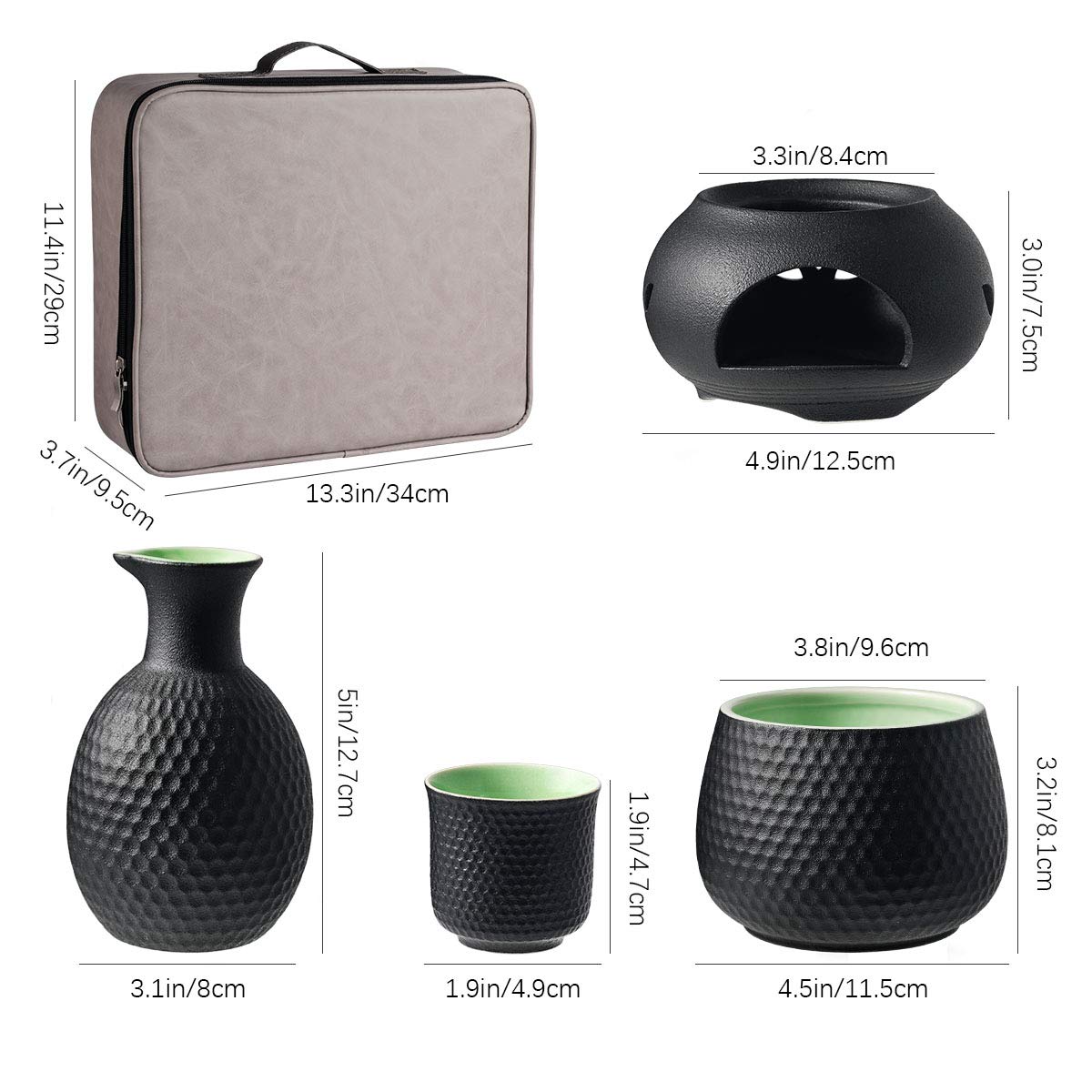 Sake set and cups with warmer and gift box, traditional Japanese porcelain for hot sake drinks, 9 pieces, including 1 stove, 1 warming tray, 1 sake bottle, 6 cups